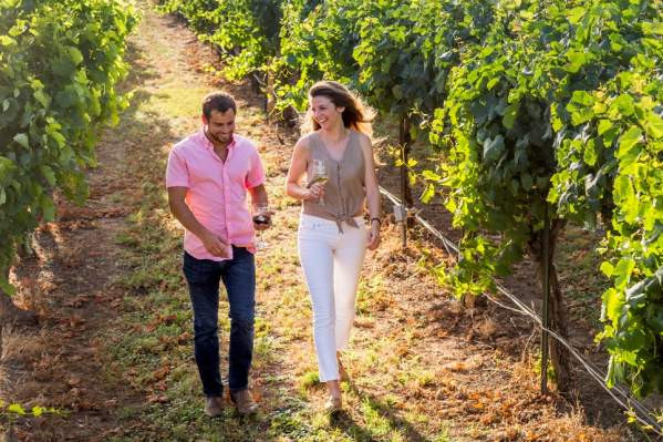 Couple exploring a Texas vineyard wide
