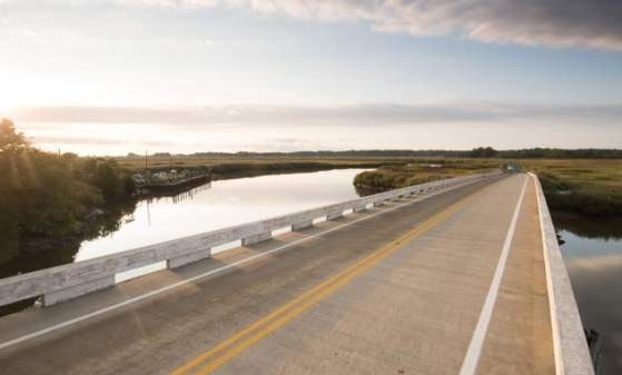 Delaware Bayshore Byway road at sunset
