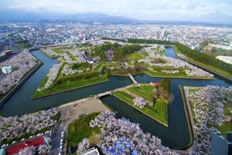 Goryokaku Tower offering panoramic city views, highlighting the star-shaped fort