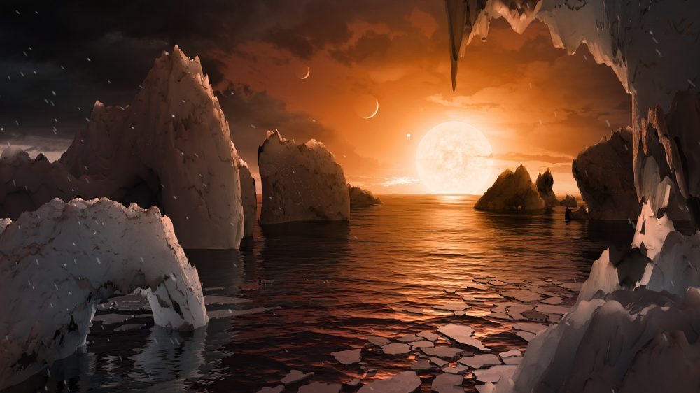 TRAPPIST-1e exoplanet illustration featuring craters and potential ice deposits, showcasing its relative distance to Earth.