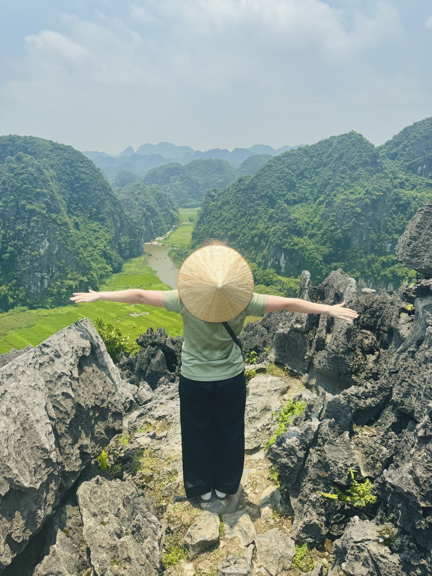 Rice paddies and limestone mountains in Tam Coc, known as Halong Bay on Land, a picturesque destination for tourists in Ninh Binh