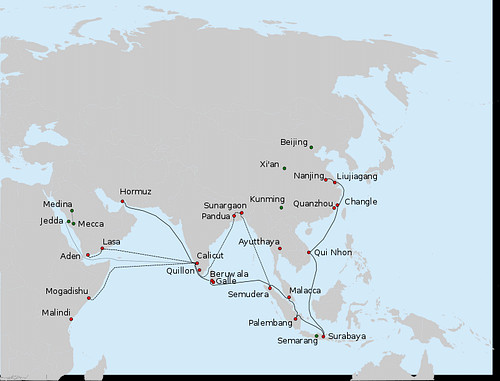 Zheng He's voyages map displaying trade routes