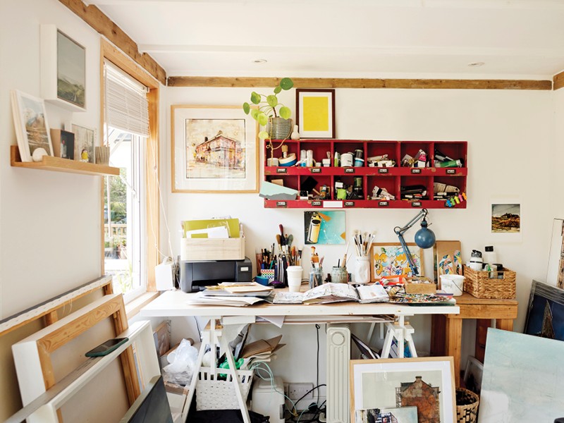 Art supplies stored in a studio space