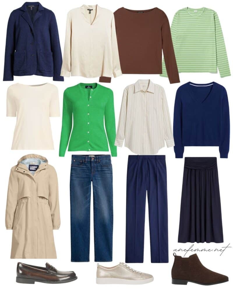 12-piece travel wardrobe capsule with navy and warm palette colors.