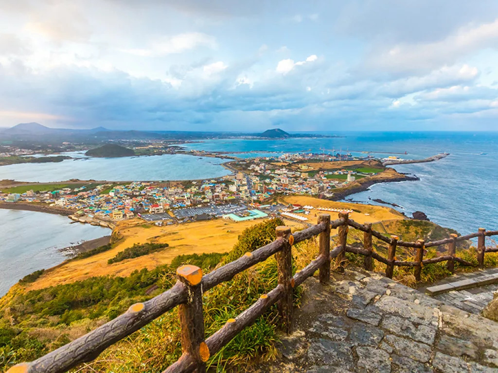 A panoramic view of Jeju Island's coastline