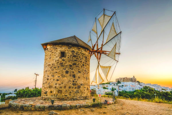 View of Patmos windmill in Aegean Sea