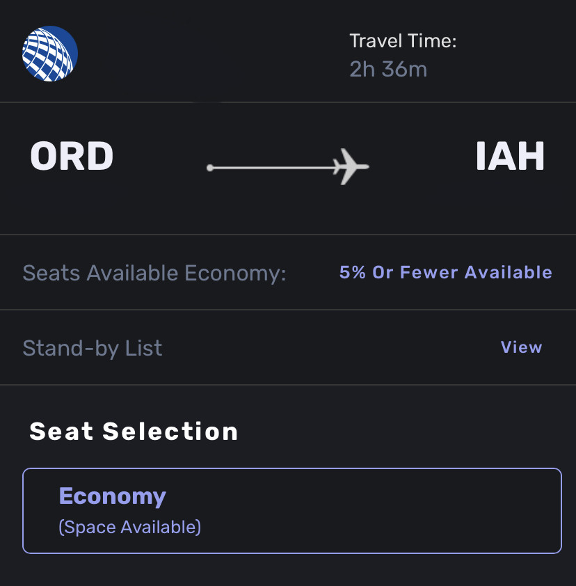 screenshot of ID90Travel listing tool showing a United flight between ORD &amp; IAH