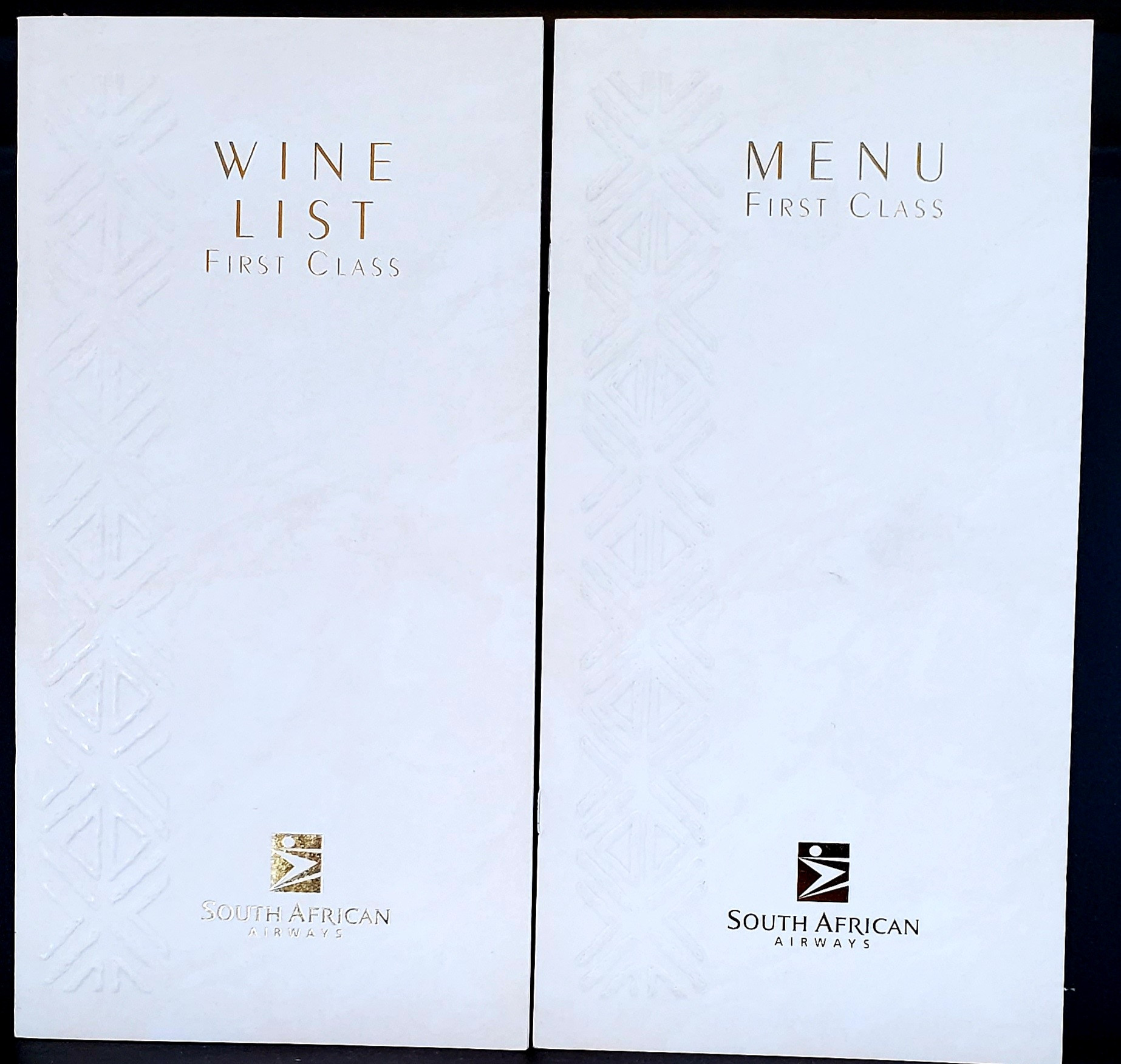 A South African Airways First Class menu from the 80s and early 90s, showcasing elegance and class.