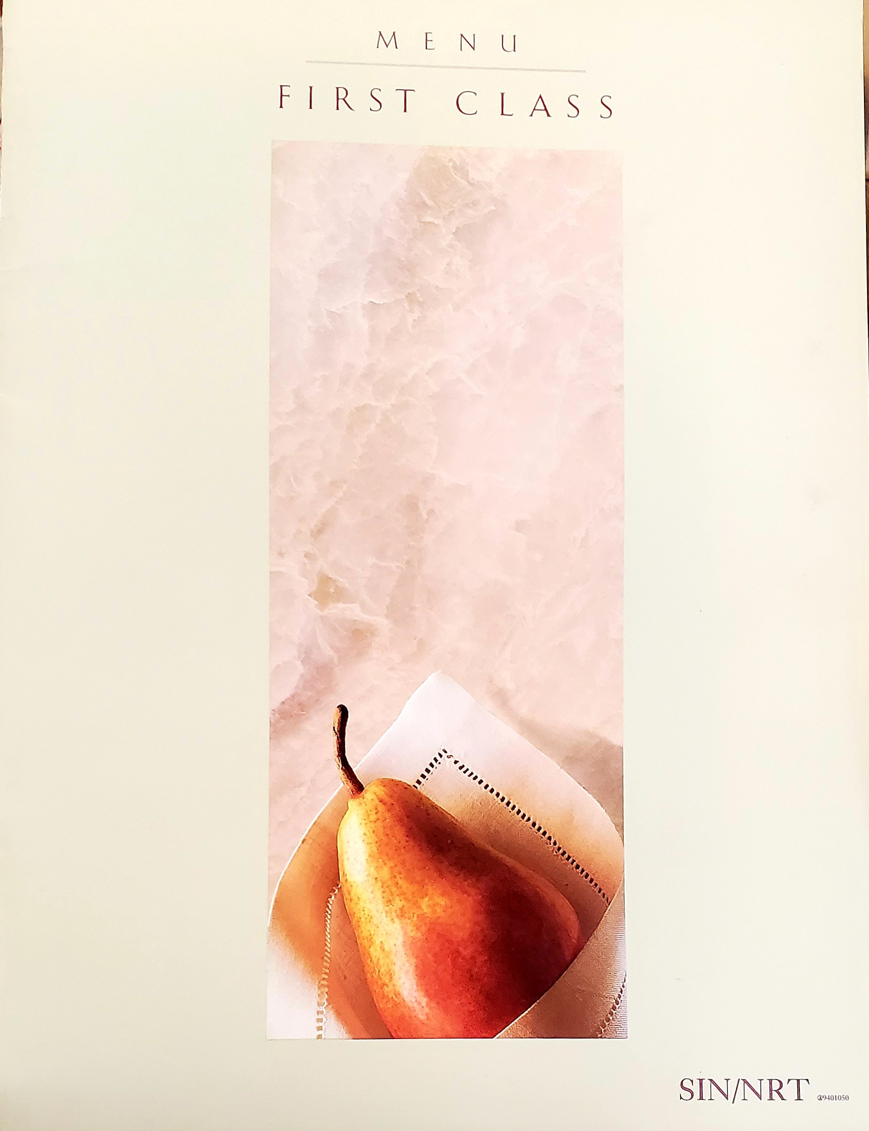 A Northwest First Class menu from a flight between Singapore and Narita, showcasing a pretty design.