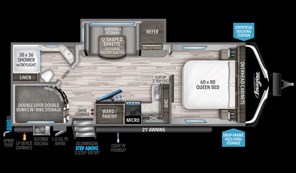 Imagine 2400BH floor plan showcasing bunk beds and queen-sized bed