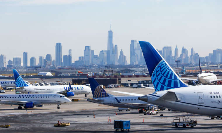 United Airlines airplanes parked at Newark Liberty International Airport due to travel delays