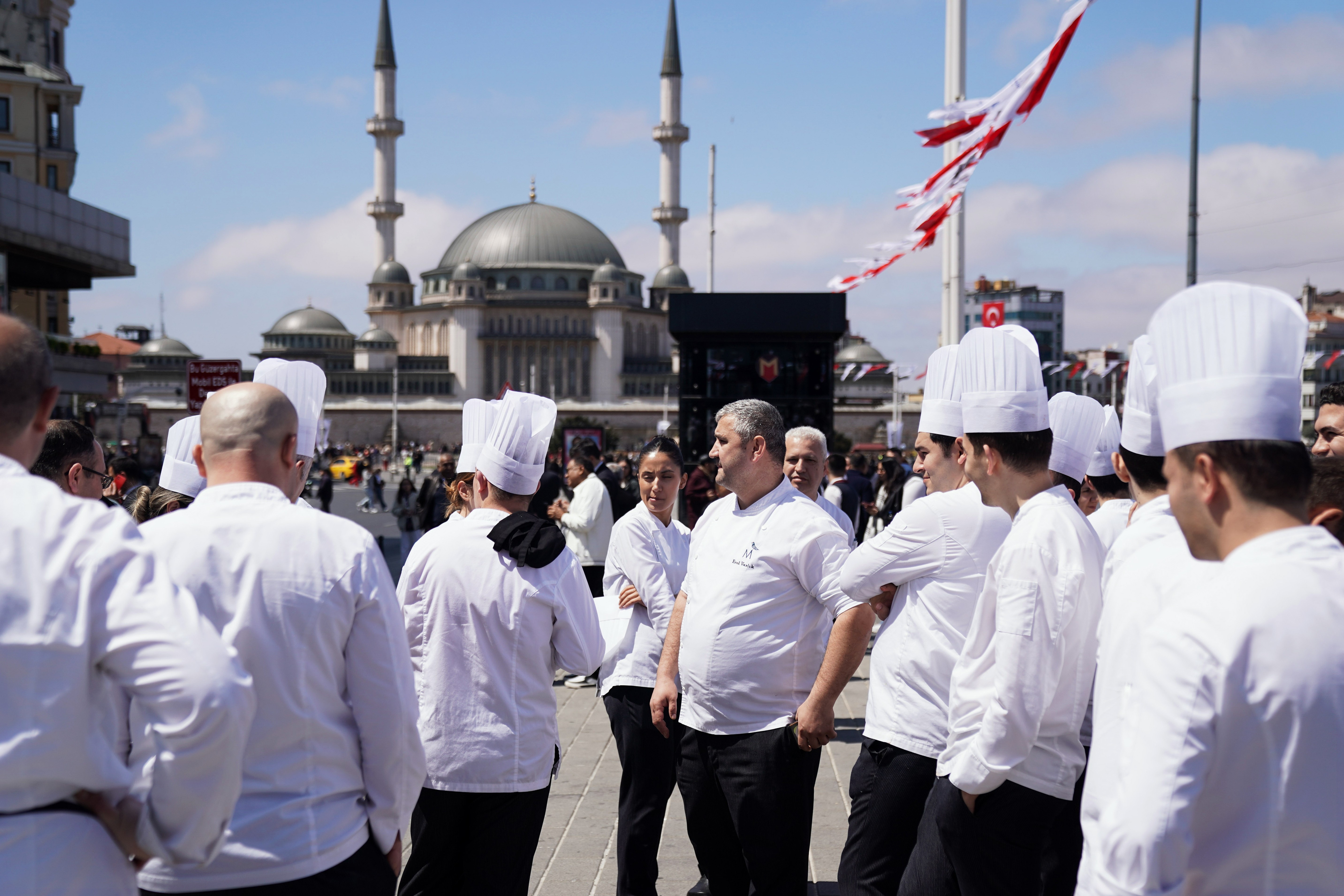 Workers who evacuated buildings in Istanbul following the earthquake on April 23, 2025