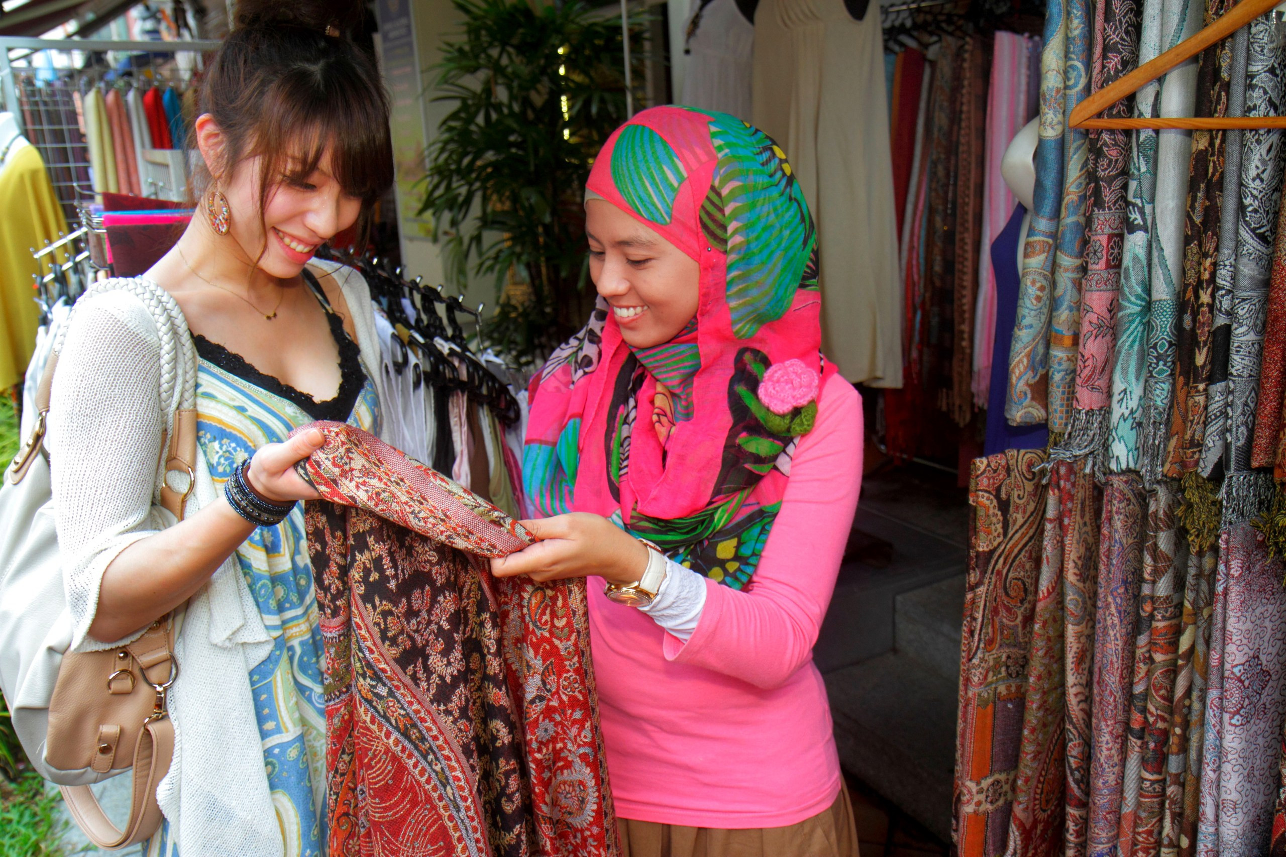 Market stalls in Kampong Glam, Singapore, highlighting the city's vibrant culture