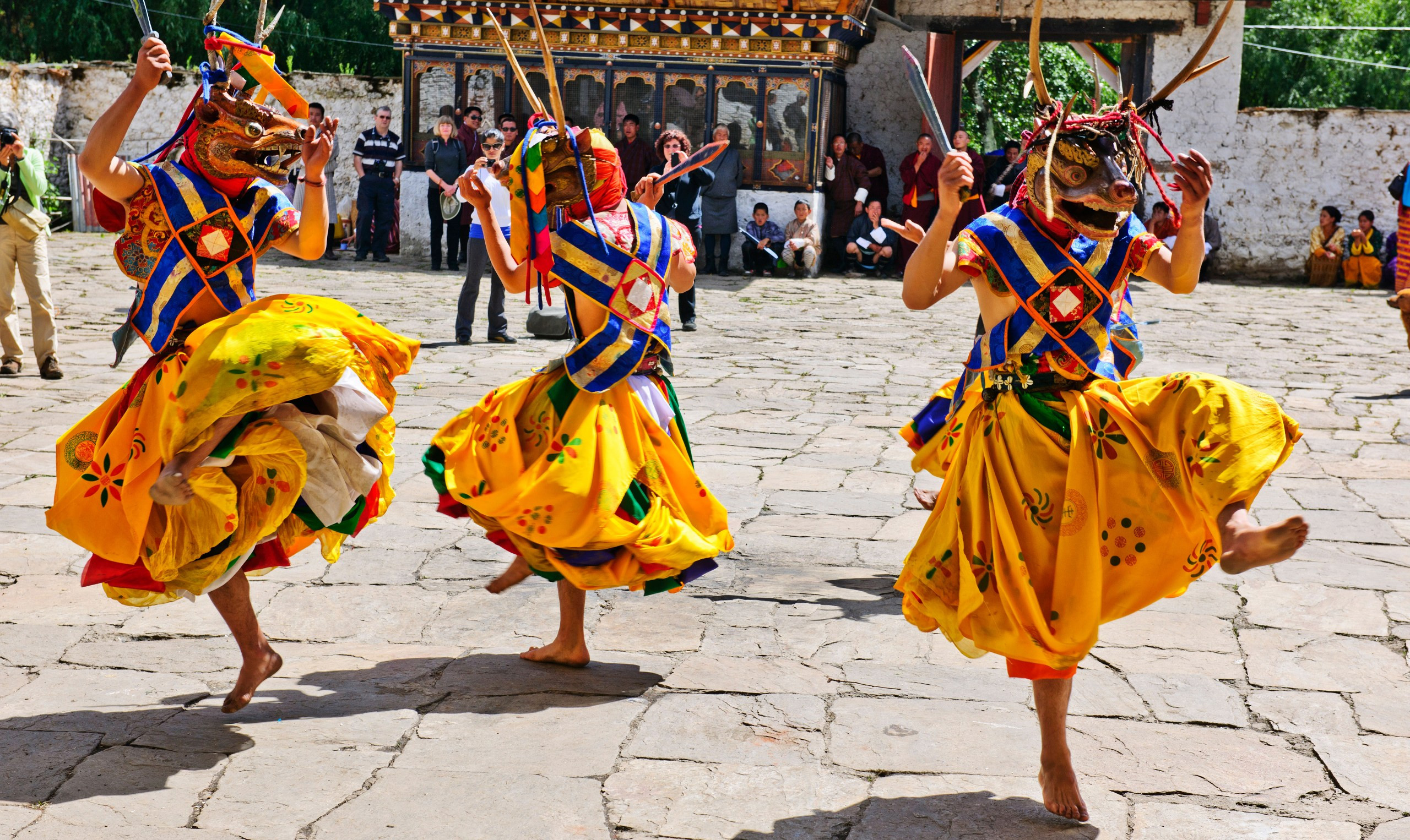 Masked dancers in Bhutan, showcasing the vibrant culture and festivals