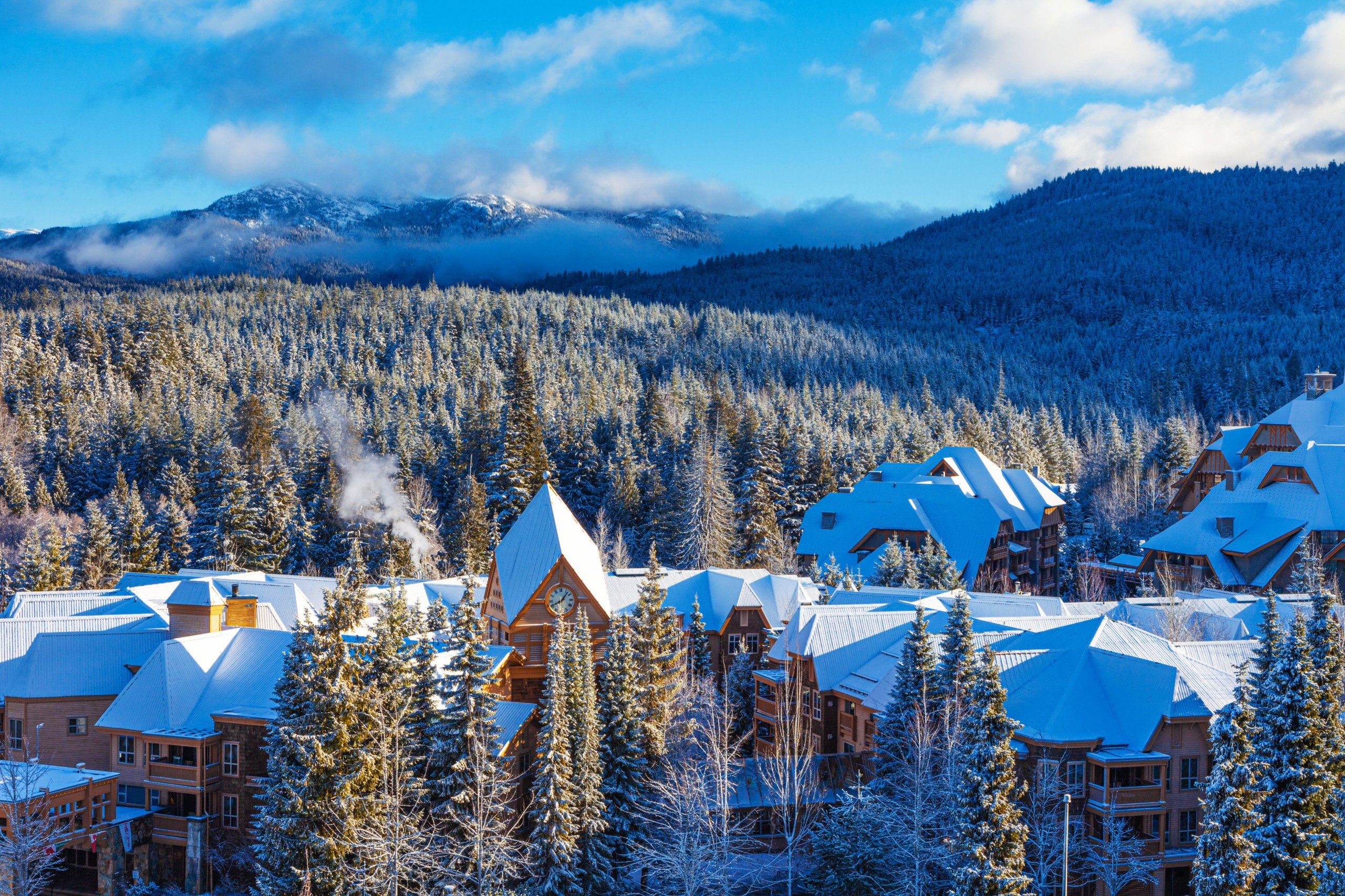 Whistler Village at the base of the Whistler-Blackcomb resort, highlighting Canada's skiing