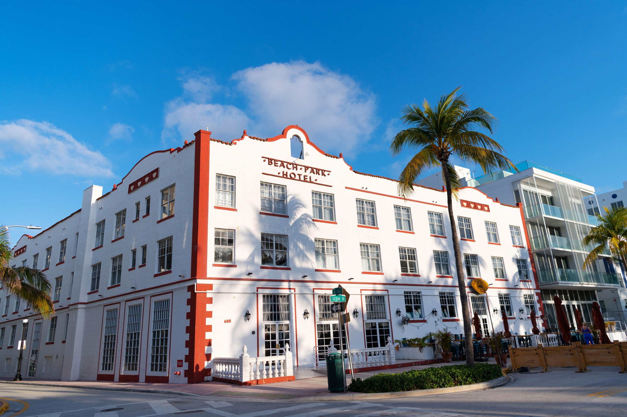 Ocean Drive in Miami, showcasing the art deco hotels and vibrant beach scene