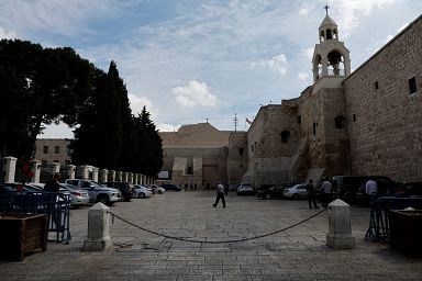 Deserted area outside the Church of the Nativity in Bethlehem due to conflict, creating safety concerns for Bethlehem tourism.