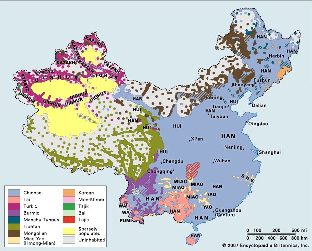 Ethnolinguistic map of China showing the distribution of the She people, highlighting their unique cultural and linguistic identity within the broader Chinese context.