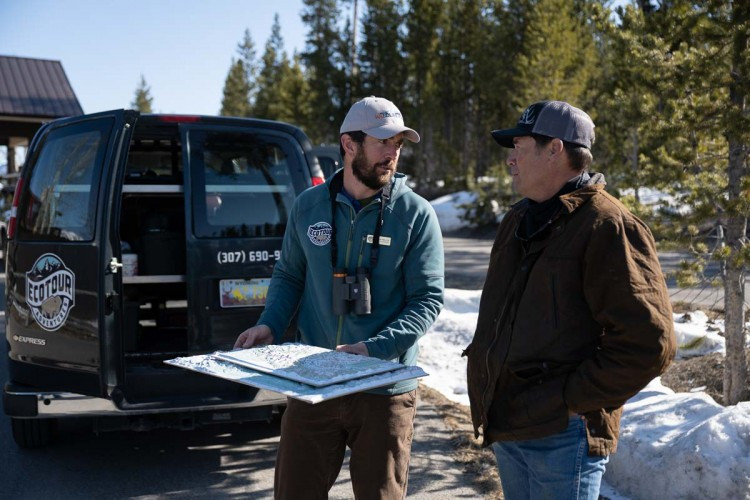 EcoTour Adventures owner Taylor Phillips and Wyoming Game and Fish Commission President Pete Dube discuss Wildlife Tourism for Tomorrow during the April 20th 2021 Commission Tour of Grand Teton Natonal Park