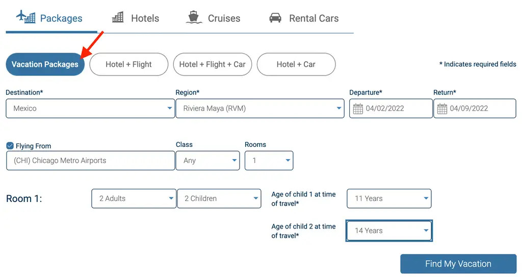 selecting a vacation package search on costco.