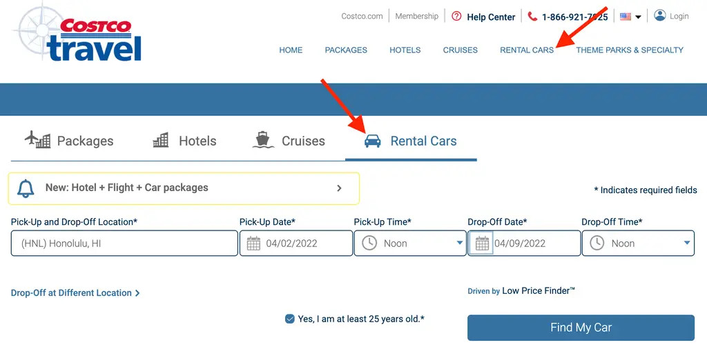 selecting rental cars on Costco travel.