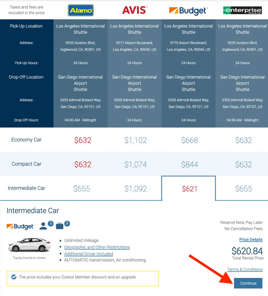 example search results for car rental on costco.