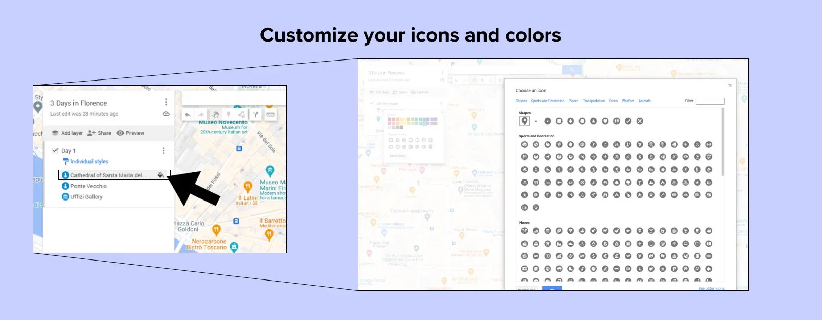 Screenshot showing how to customize pin colors and icons in Google Maps for efficient travel planning.