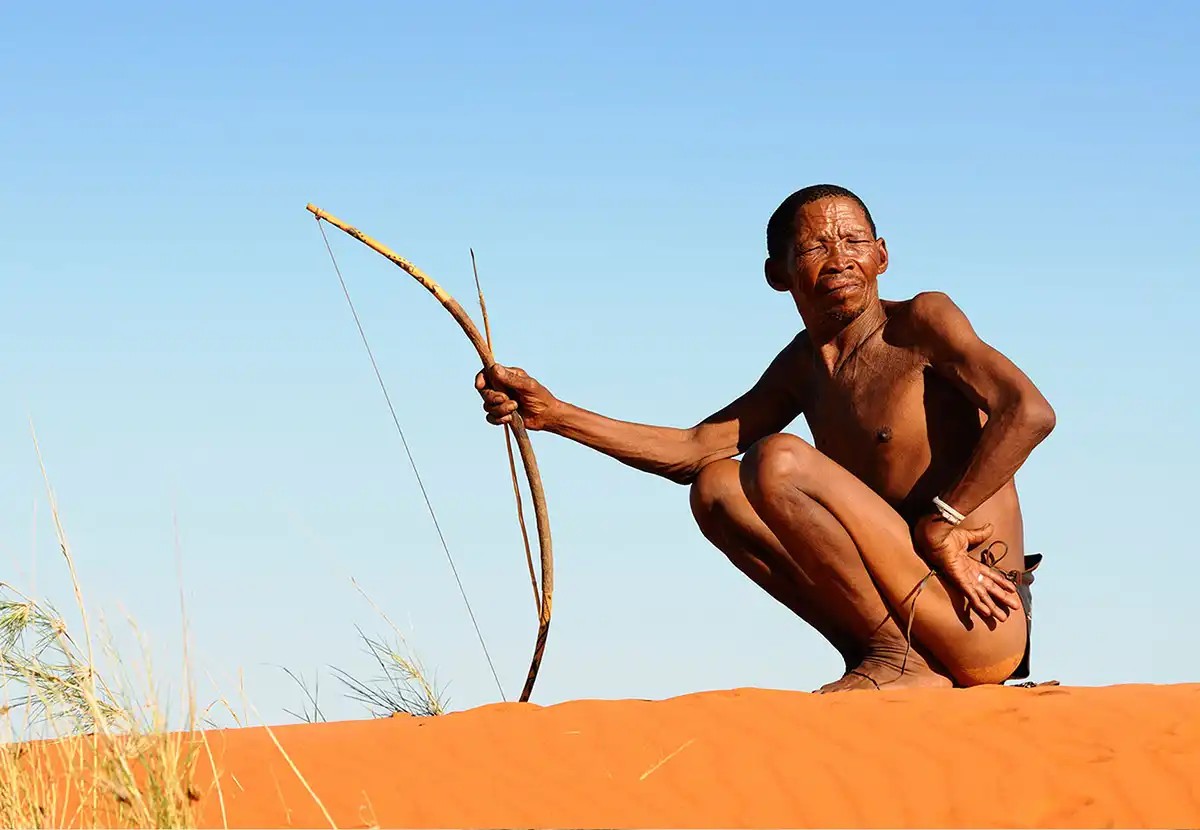 Kalahari Namibia tourism attraction: Red sand dunes and swaying blonde grass under a blue sky.