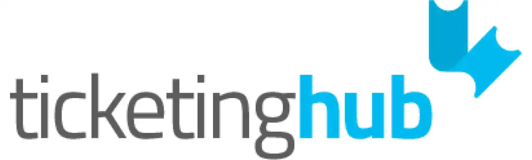TicketingHub logo with gray and blue text and abstract bird-like icon