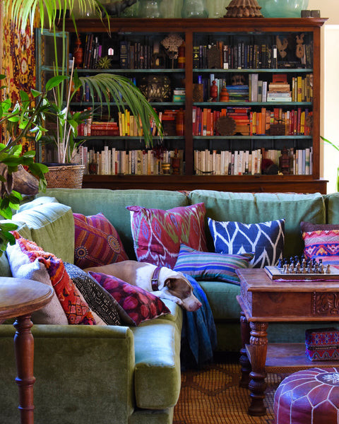 Our sweet dog, Poppy relaxing in her natural habitat, surrounded by pillows, showcasing the cozy and eclectic India World Traveler Collection style
