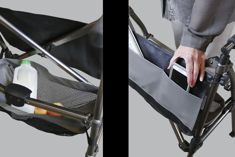 Man sitting on Elite Travel Walker with premium pouch for organized travel
