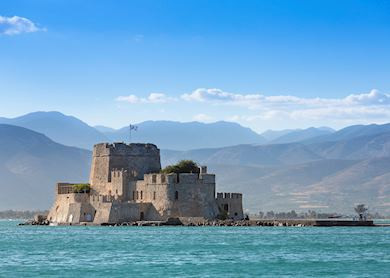 Bourtzi Fortress in Nafplio, showcasing the Venetian architecture and seaside charm of the town.