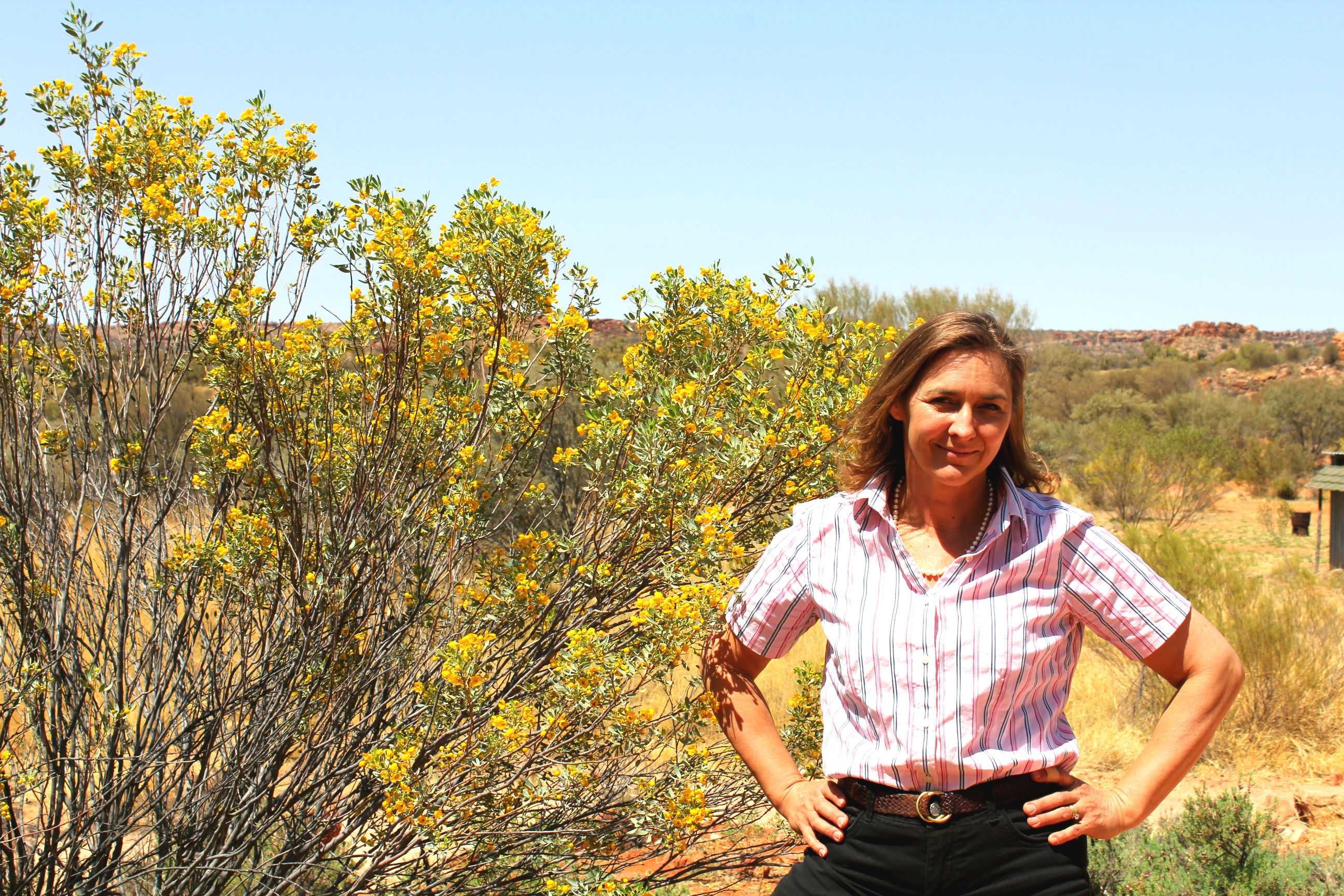 Woman standing beside a wattle bush with hands on her hips.