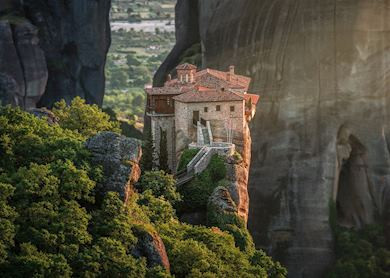 Saint Nikolaou Monastery in Meteora, showcasing the monasteries perched atop towering rock formations.