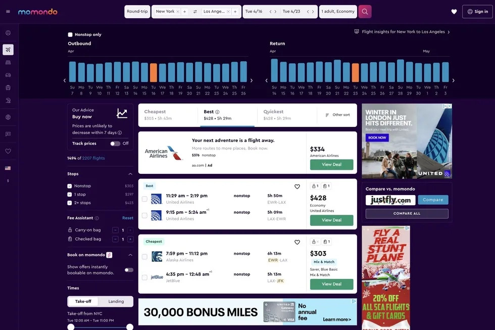 Momondo Interface