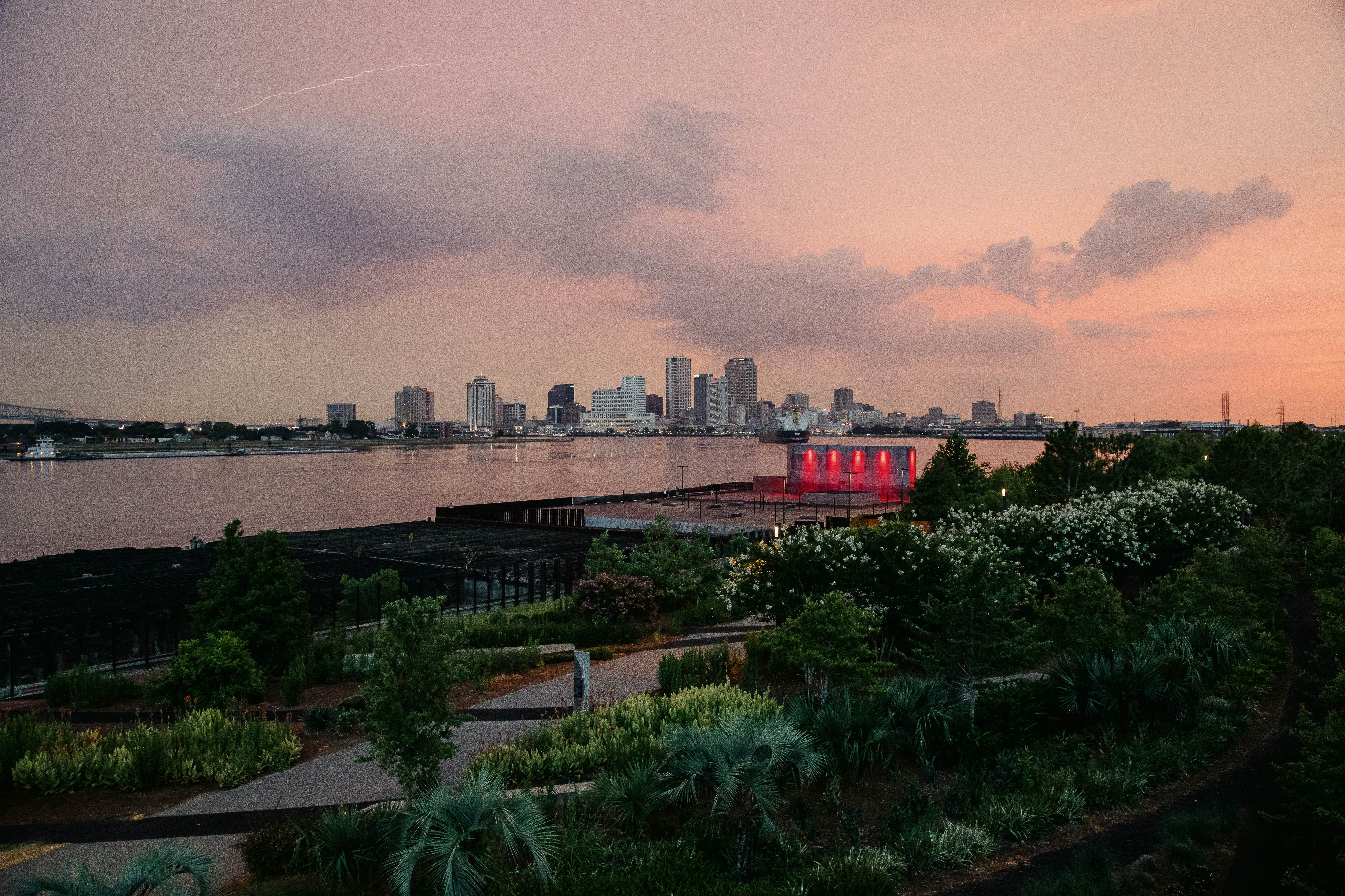 Views from Crescent Park in the Bywater neighborhood looking towards the Mississippi River, the French Quarter and downtown New Orleans