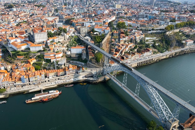 Bridge crossing a river in a city with red-roofed buildings and boats along the waterfront.
