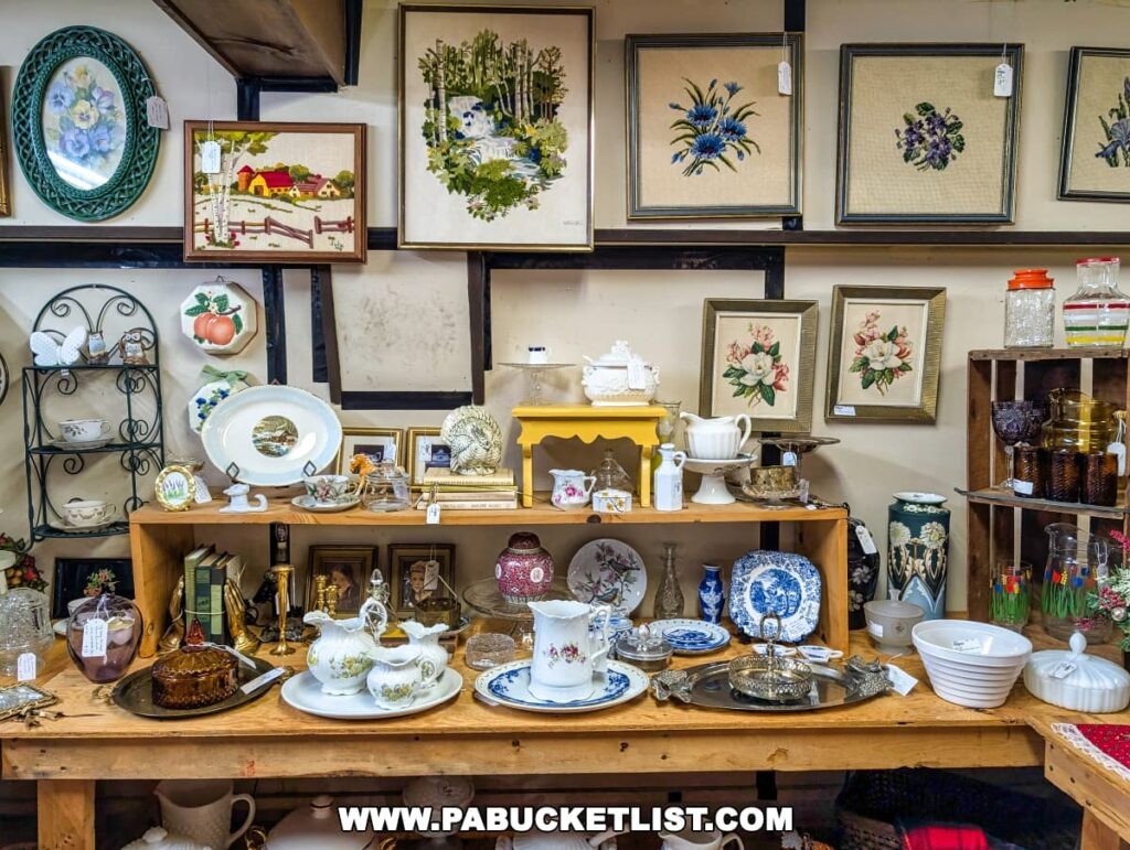 A charming display of vintage dishes, glassware, and framed artwork at Allegheny Mountain Antique Gallery in Somerset County, PA. The shelves feature a variety of porcelain teapots, platters, glass bowls, and decorative plates in floral patterns, alongside small collectibles and figurines. Framed needlepoint and cross-stitch artwork adorn the wall above, depicting floral arrangements, landscapes, and pastoral scenes that add a cozy, nostalgic touch. The setup, with its eclectic mix of items, invites visitors to explore and appreciate the delicate beauty and craftsmanship of these vintage pieces in this two-story antique mall featuring nearly 40 vendors.