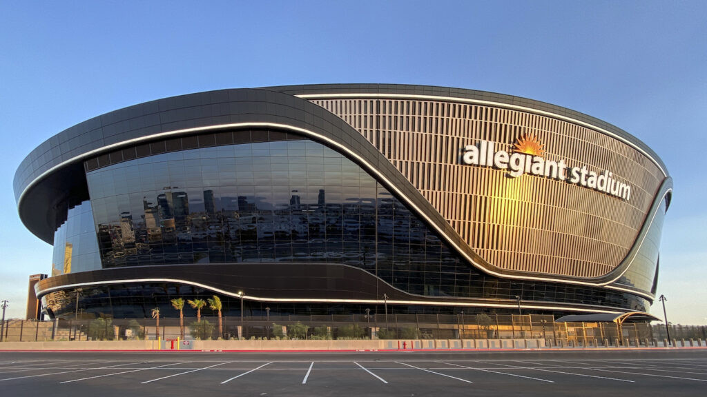 General exterior view of Allegiant Stadium in Las Vegas, Nevada. Super Bowl host cities can benefit from the national spotlight but face challenges in balancing costs and benefits