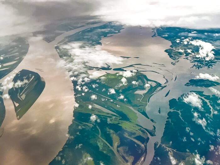 Amazon River and its tributaries viewed from a plane window near Manaus, Brazil