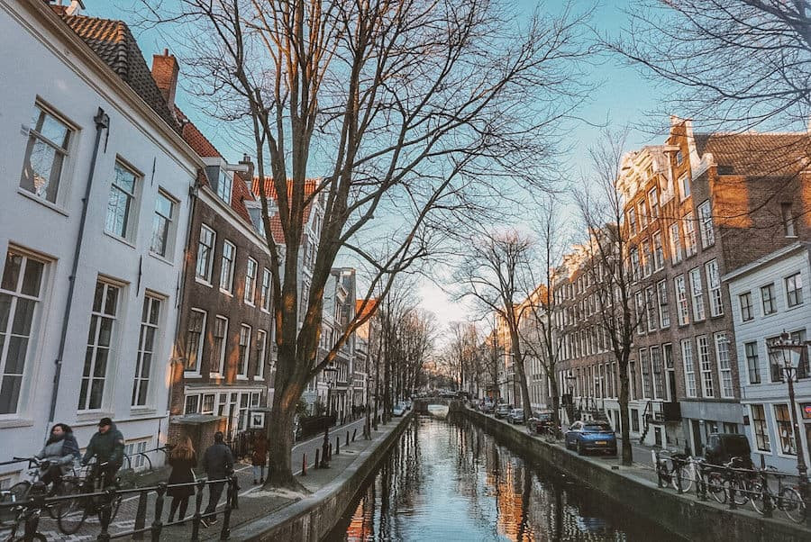 A canal in Amsterdam at twilight