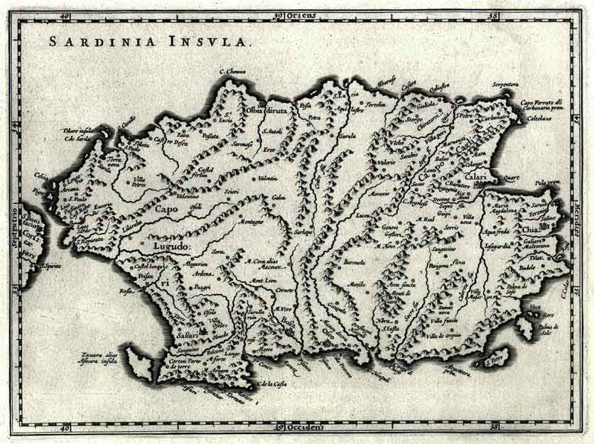 Ancient map of Sardinia showing its strategic location in the Mediterranean Sea