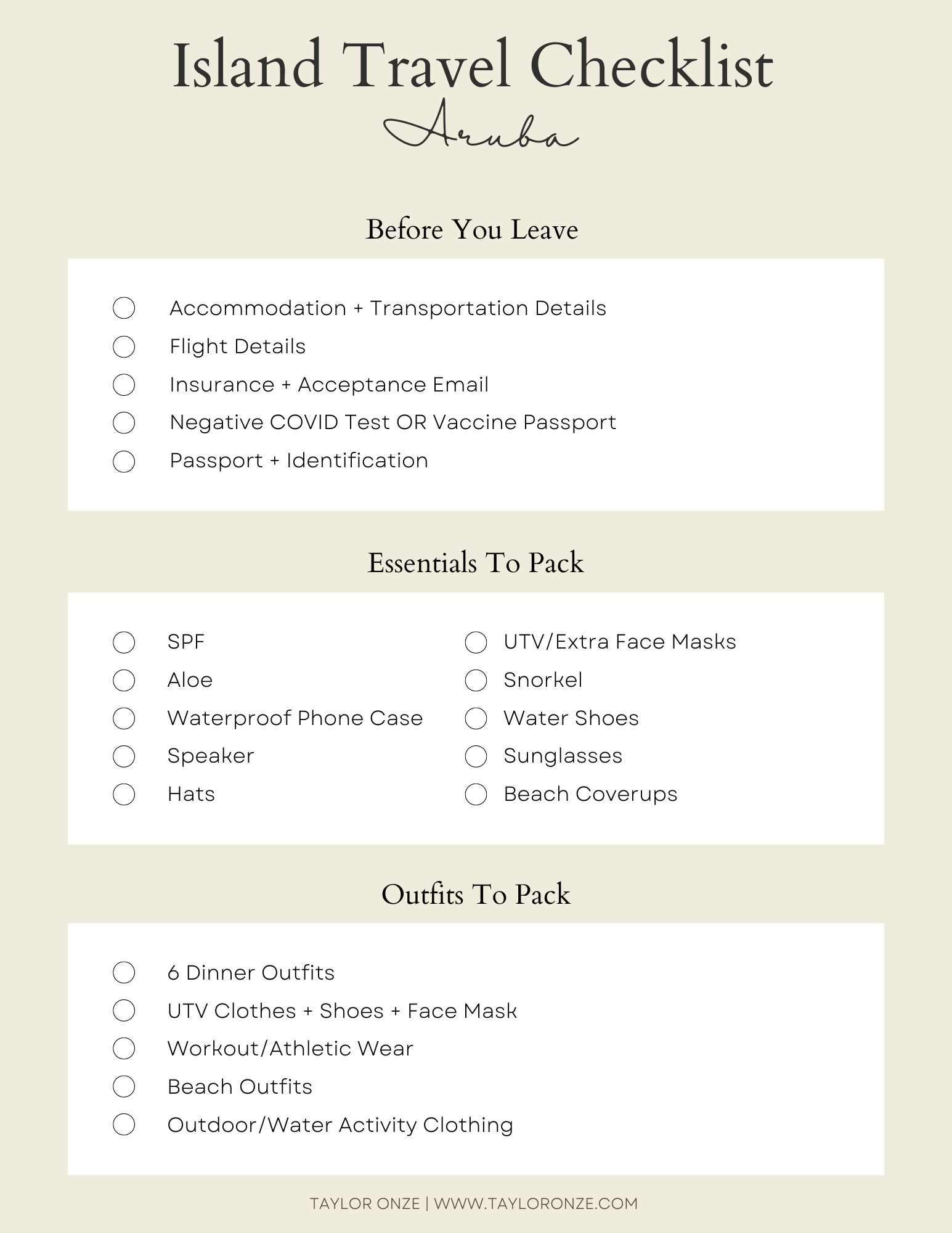 packing list for Aruba