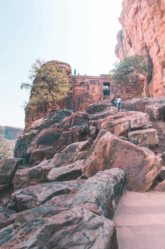 The striking Badami Cave Temples in Karnataka, India, carved into red sandstone