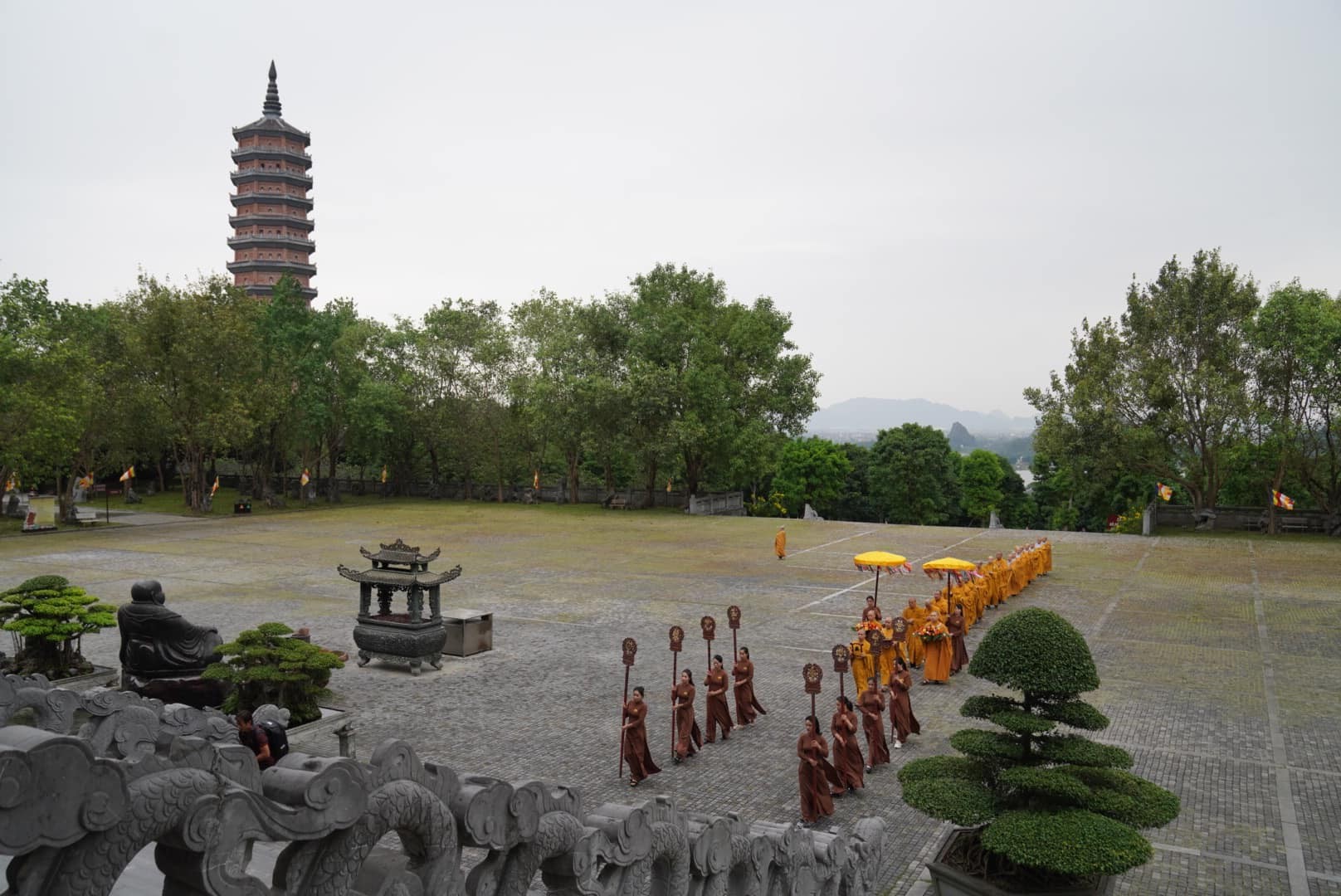 Festive decorations at Bai Dinh Pagoda during Tet, creating a vibrant atmosphere for pilgrims and tourists, combining spirituality with celebration