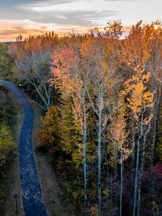 Scenic trail winding through fall-colored trees in Ben Geren Regional Park, Fort Smith.