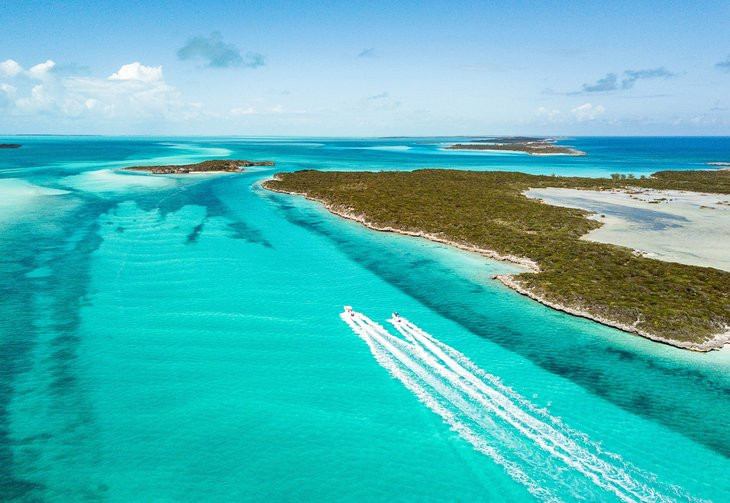 Aerial view of The Exumas in The Bahamas, showcasing clear turquoise waters and small islands