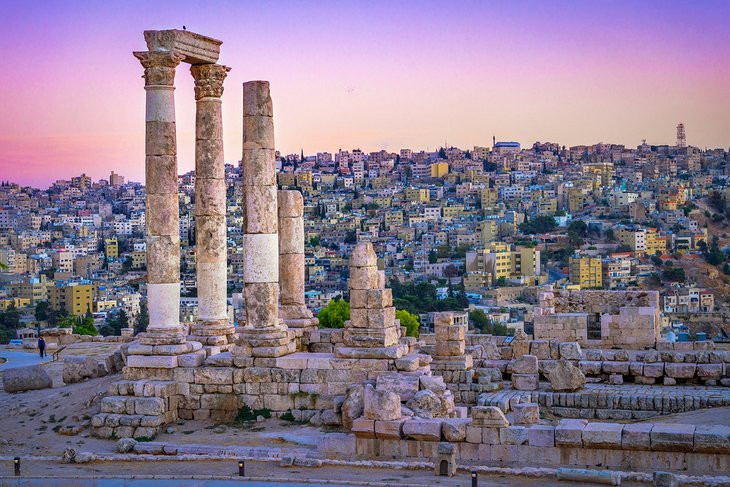 Roman ruins at sunset in Amman Jordan