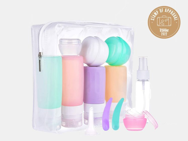 Morfone 16-Pack Travel Bottles Set with silicone bottles, jars, and tools
