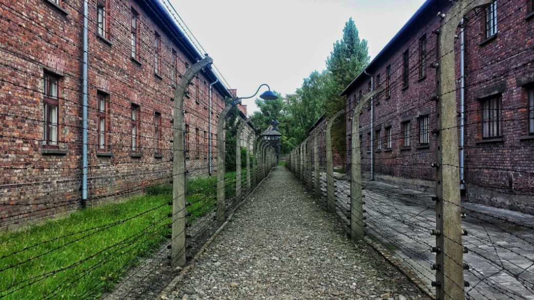 The passage between two buildings at the Auschwitz-Birkenau concentration camps
